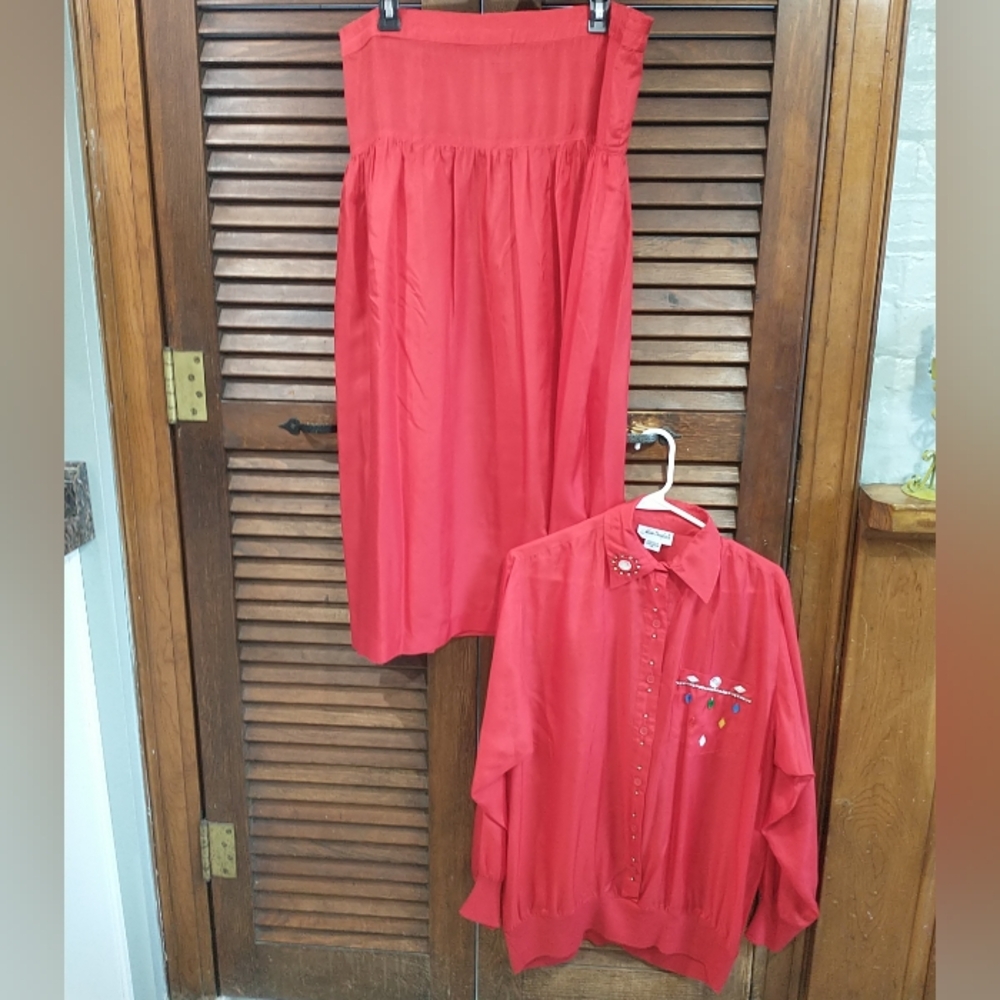 Vintage Adam Douglass Cherry Red 100% Silk Skirt & Blouse Set Size Medium